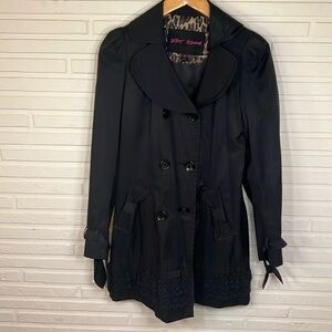 Betsey Johnson Black Double Breasted Lace Rain Trench Coat, Women Size Medium